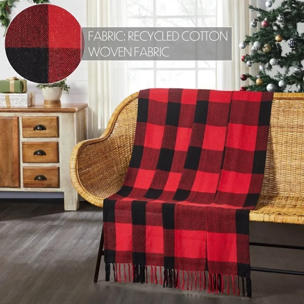 Buffalo Plaid Christmas Fringed Throw Blanket Red Black Farmhouse Lodge Rustic
